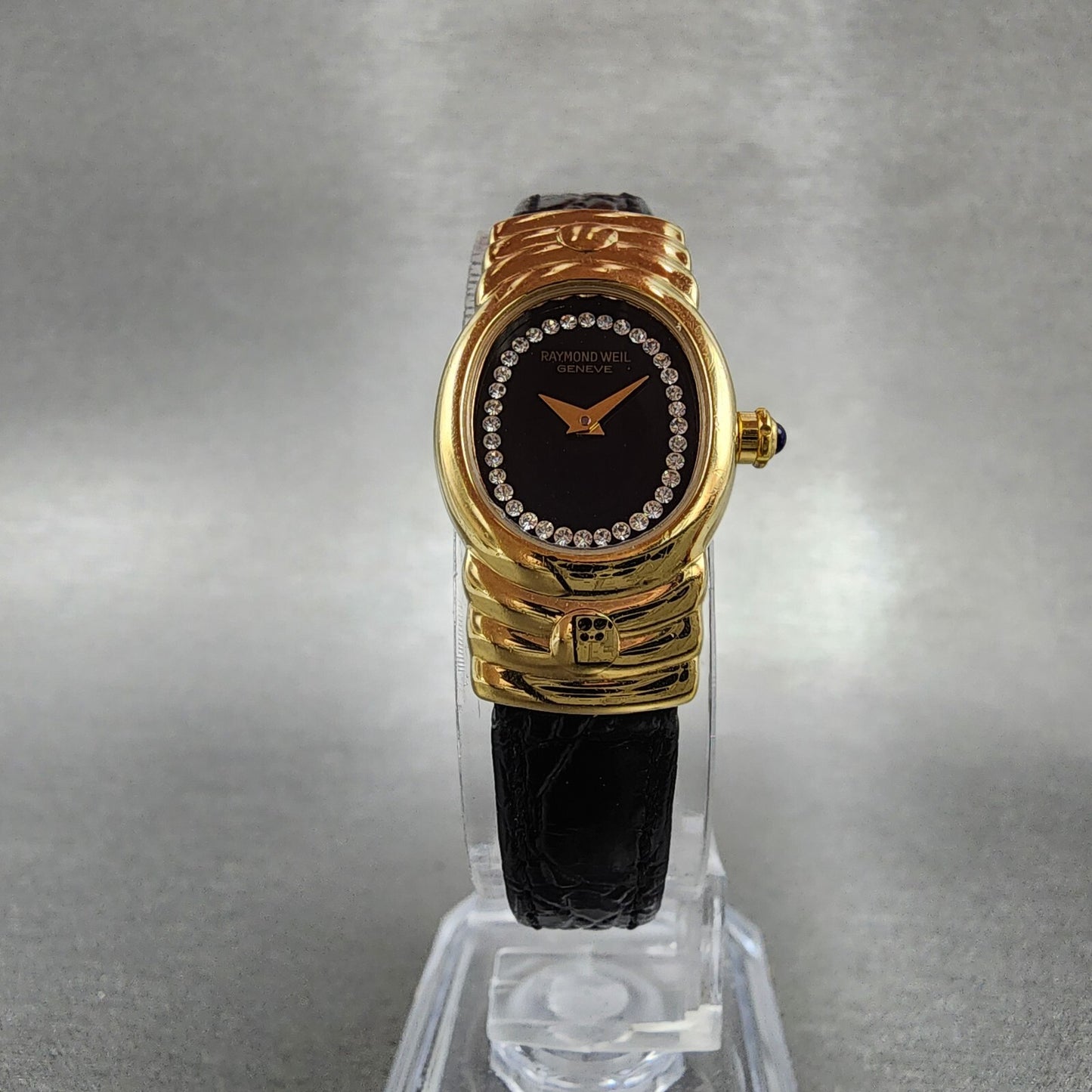 Raymond Weil Watch Women 17mm Black Dial Gold Plated Oval 3765 New Battery