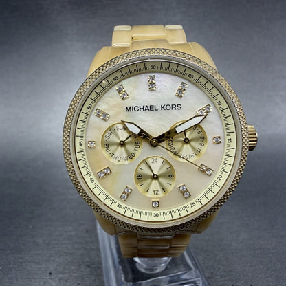 Michael Kors Jet Set Watch Women 37mm MOP Dial Gold Tone Daydate MK-5039 New Bat0