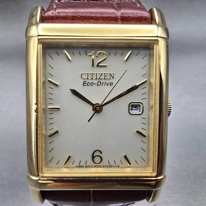 Citizen Eco-Drive Tank Watch Men 25mm Ivory Dial Gold Date E010-S001579 Works1