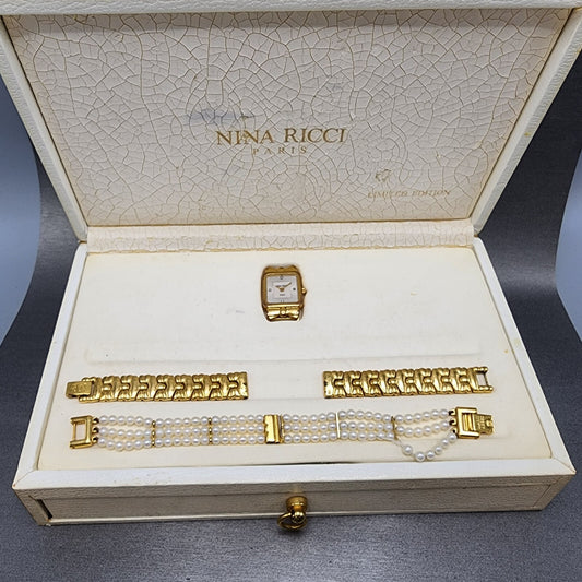Nina Ricci Tank Watch Women 18mm MOP Dial Gold Plated Rectangle  New Battery0