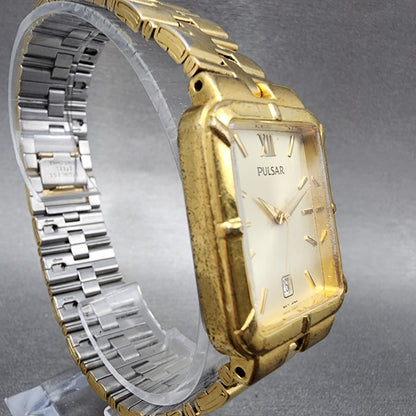 Pulsar Tank Watch Men 26mm Champagne Dial Gold Tone Date Rectangle New Battery