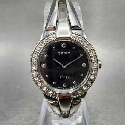 Seiko Solar Watch Women 22mm Black Dial Silver Tone Round Crystal Bezel Runs0