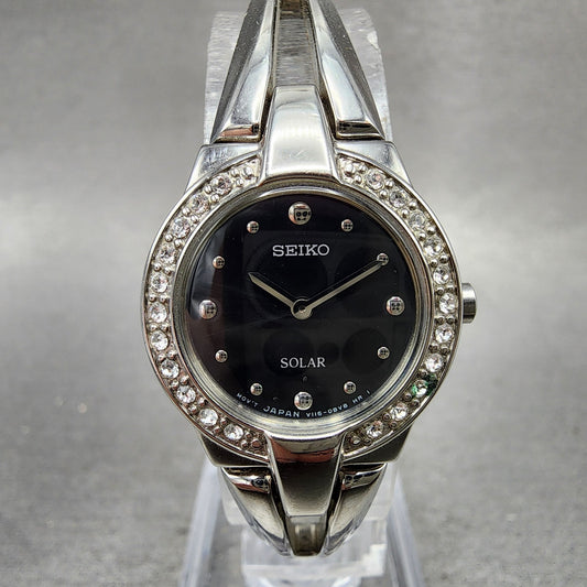 Seiko Solar Watch Women 22mm Black Dial Silver Tone Round Crystal Bezel Runs0