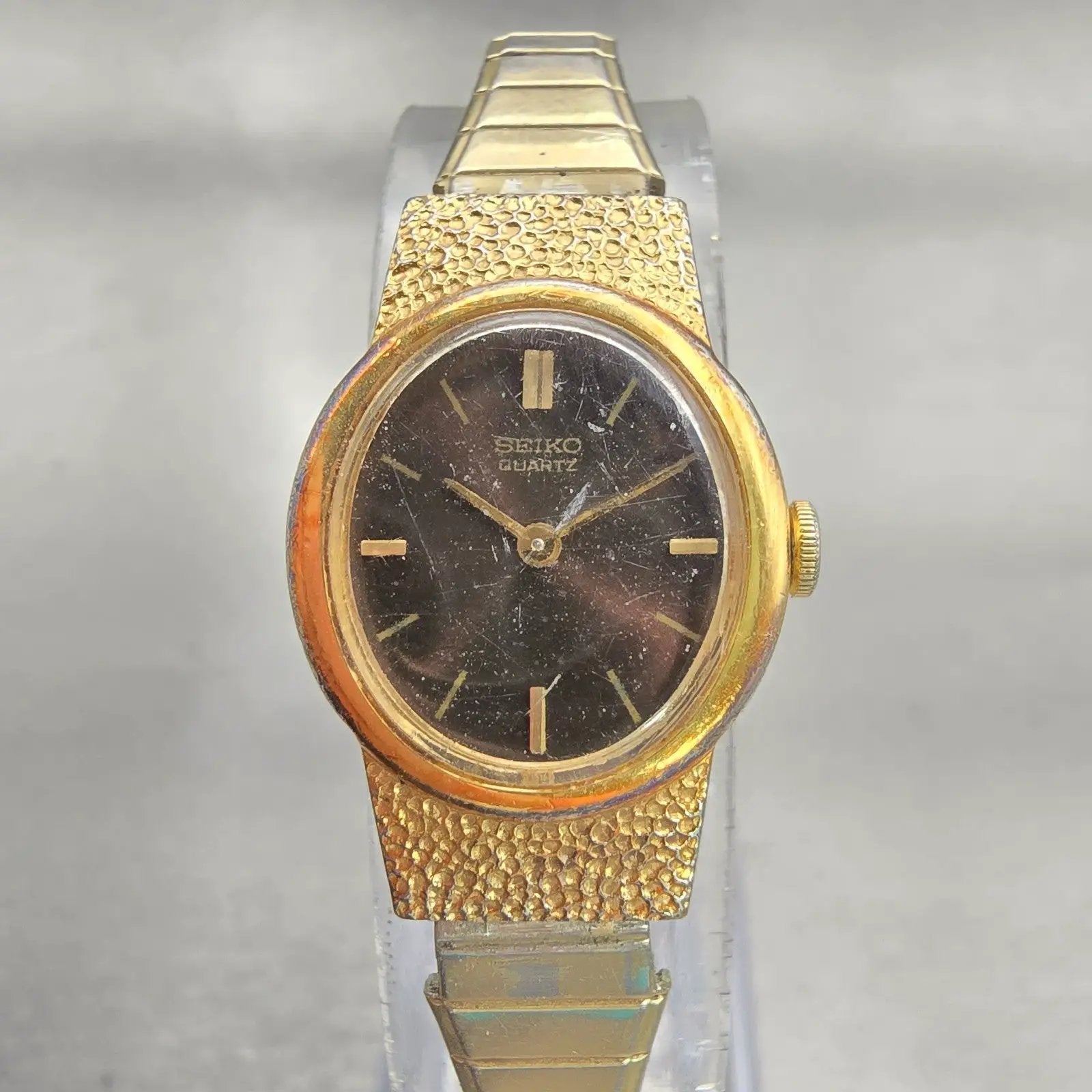 Seiko Watch Women 18mm Brown Dial Gold Tone Oval 1400-7379 Vintage New Battery0