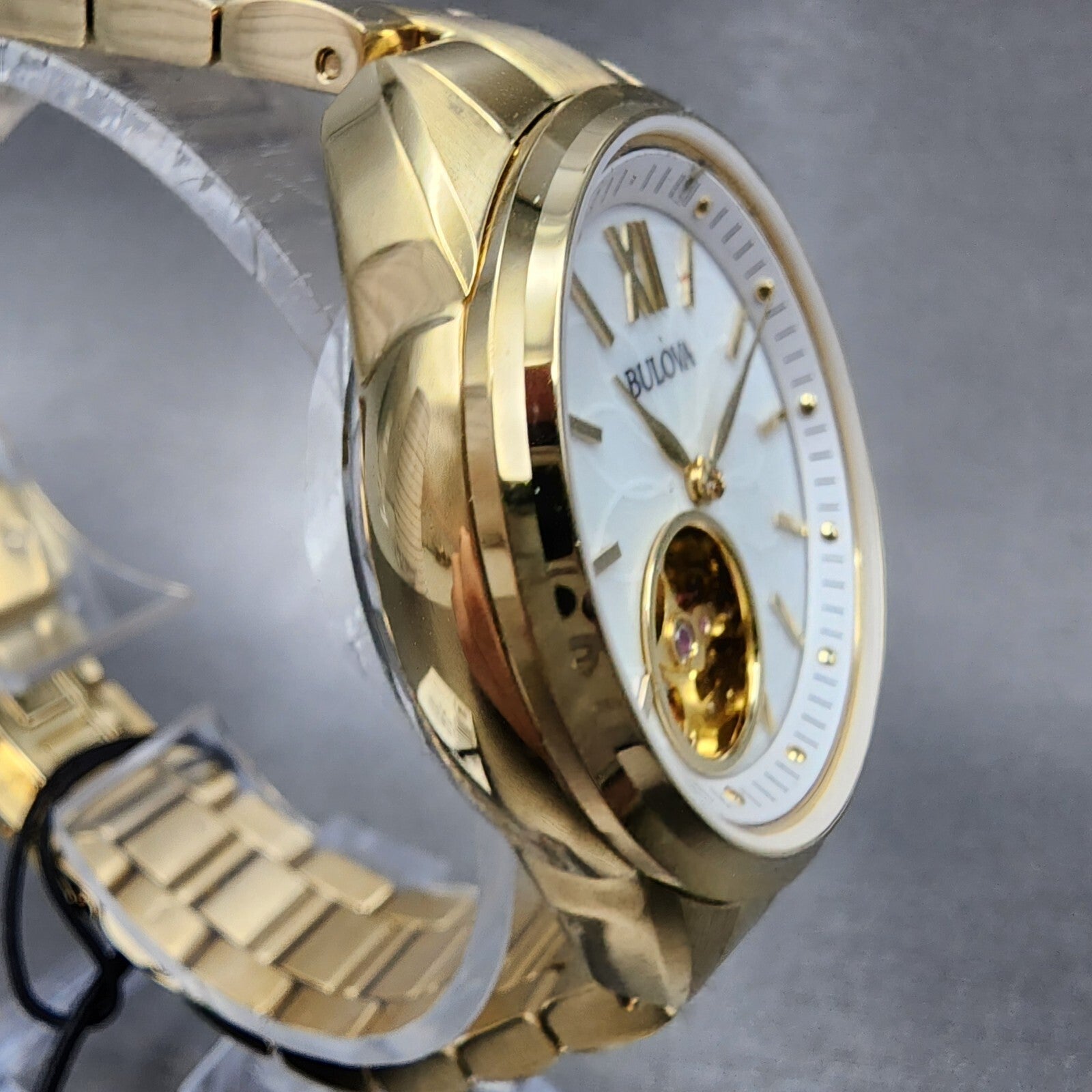 Bulova Skeleton Watch Women 34mm White Dial Gold Tone Auto 97L172 PARTS READ!!!!4