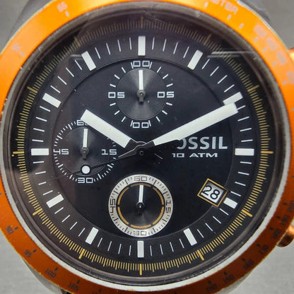Fossil Chronograph Watch Men 43mm Black Dial Gray Tone Orange CH-2785 New Batt Q1