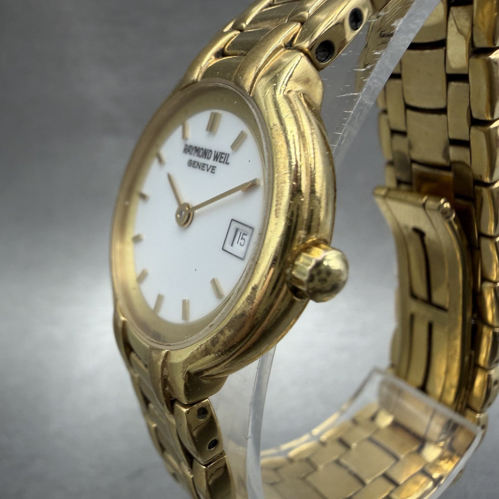 Raymond Weil Watch Women 25mm White Dial Gold Tone Date 9968 New Battery READ!!!2