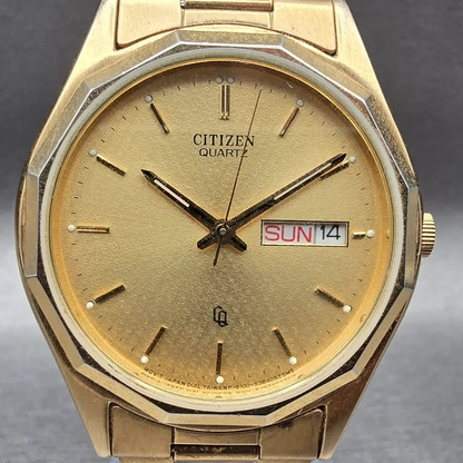 Citizen CQ Watch Men 35mm Gold Dial Gold Tone Daydate Round 6100-K02741 New Batt1