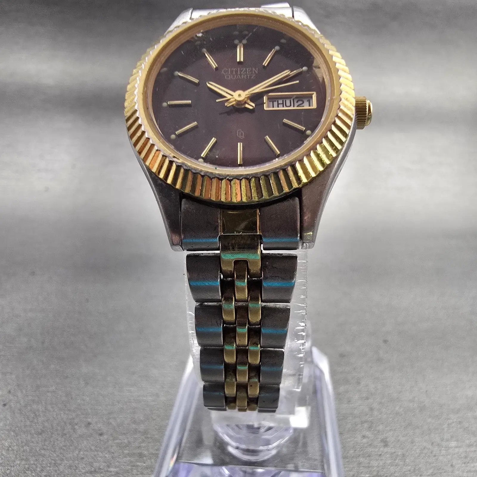 Citizen CQ Watch Women 25mm Brown Dial Two Tone Daydate 6000-R00413 New Battery5