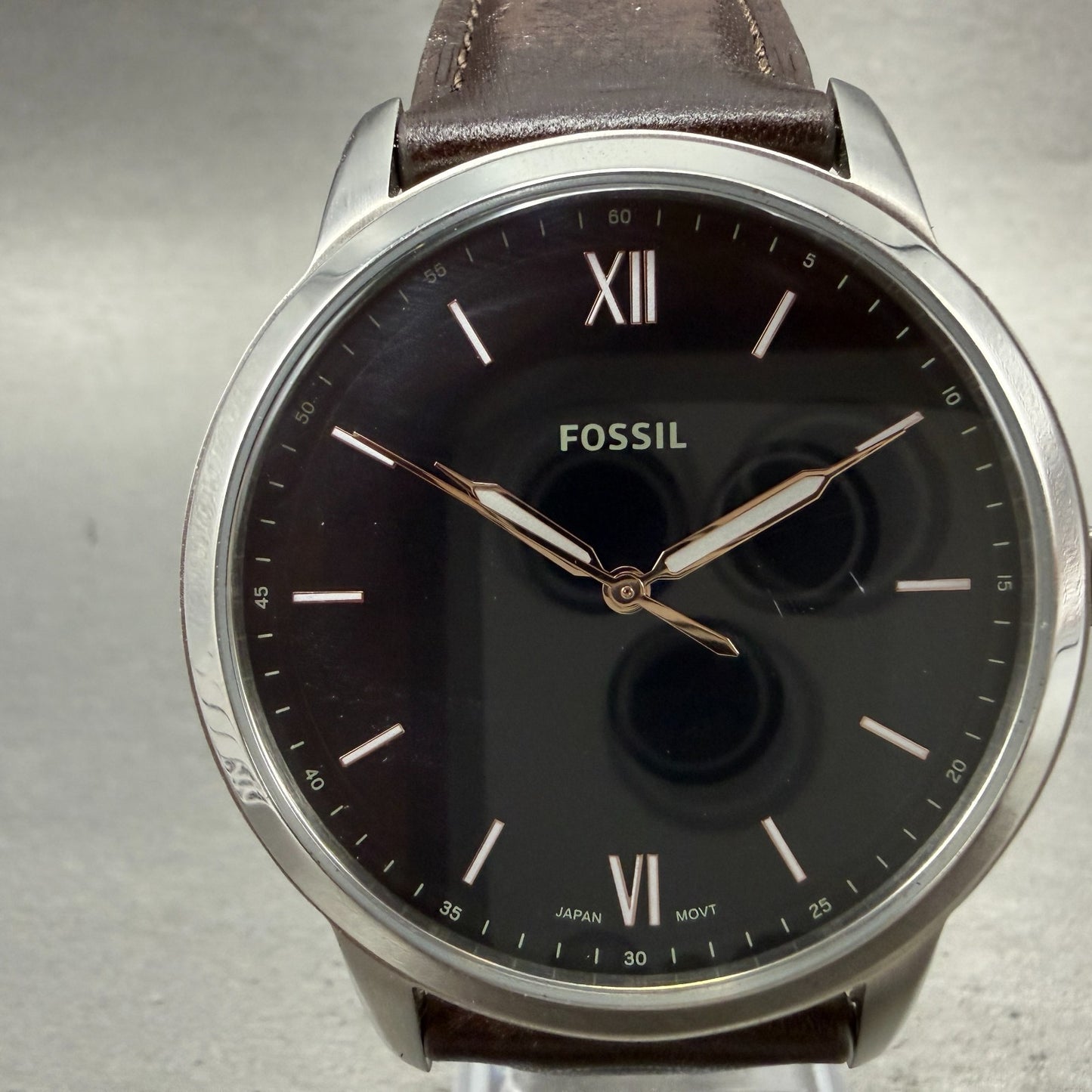 Fossil Minimalist Watch Men 44mm Black Dial Silver Tone Round FS5464 New Battery0