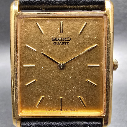Seiko Tank Watch Men 25mm Gold Dial Gold Rectangle 5Y30-5060 New Battery JP571