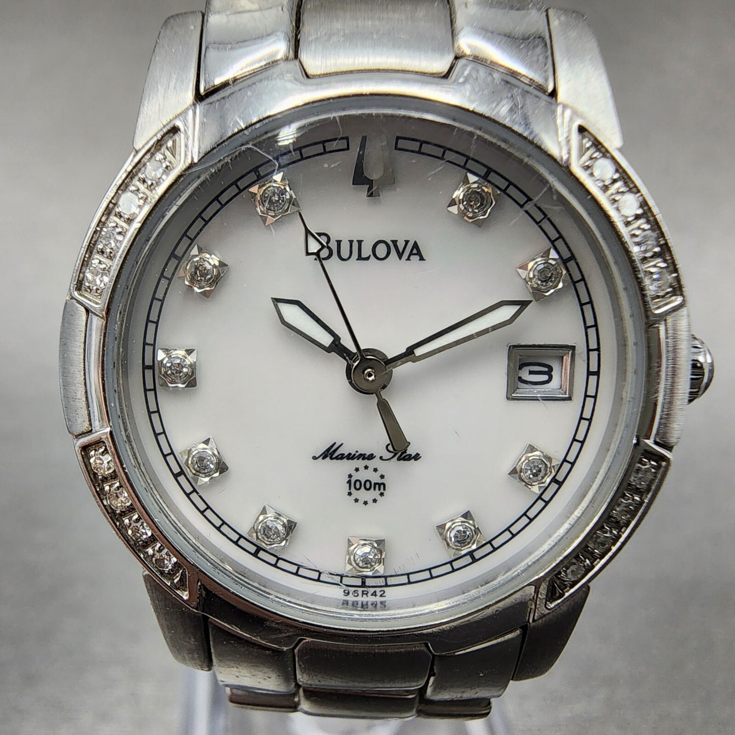 Bulova Marine Star Watch Women 26mm MOP Dial Silver Tone Date 96R42 New Battery1