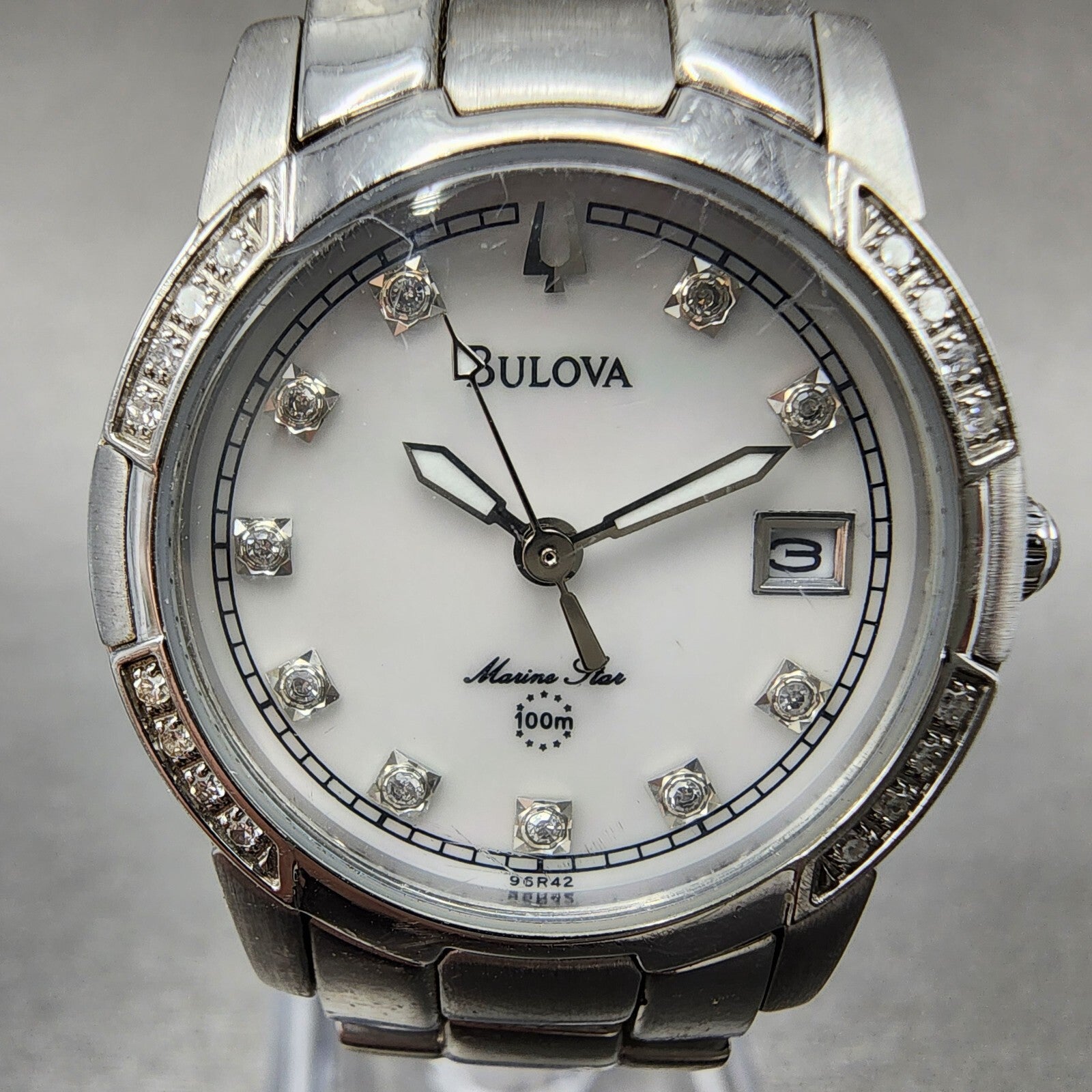 Bulova Marine Star Watch Women 26mm MOP Dial Silver Tone Date 96R42 New Battery1