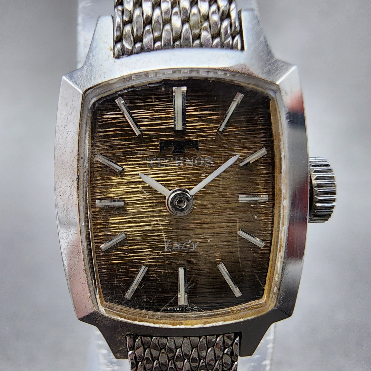 Technos Tank Watch Women 16mm Gold Dial Silver Tone Rectangle Manual Wind Runs1
