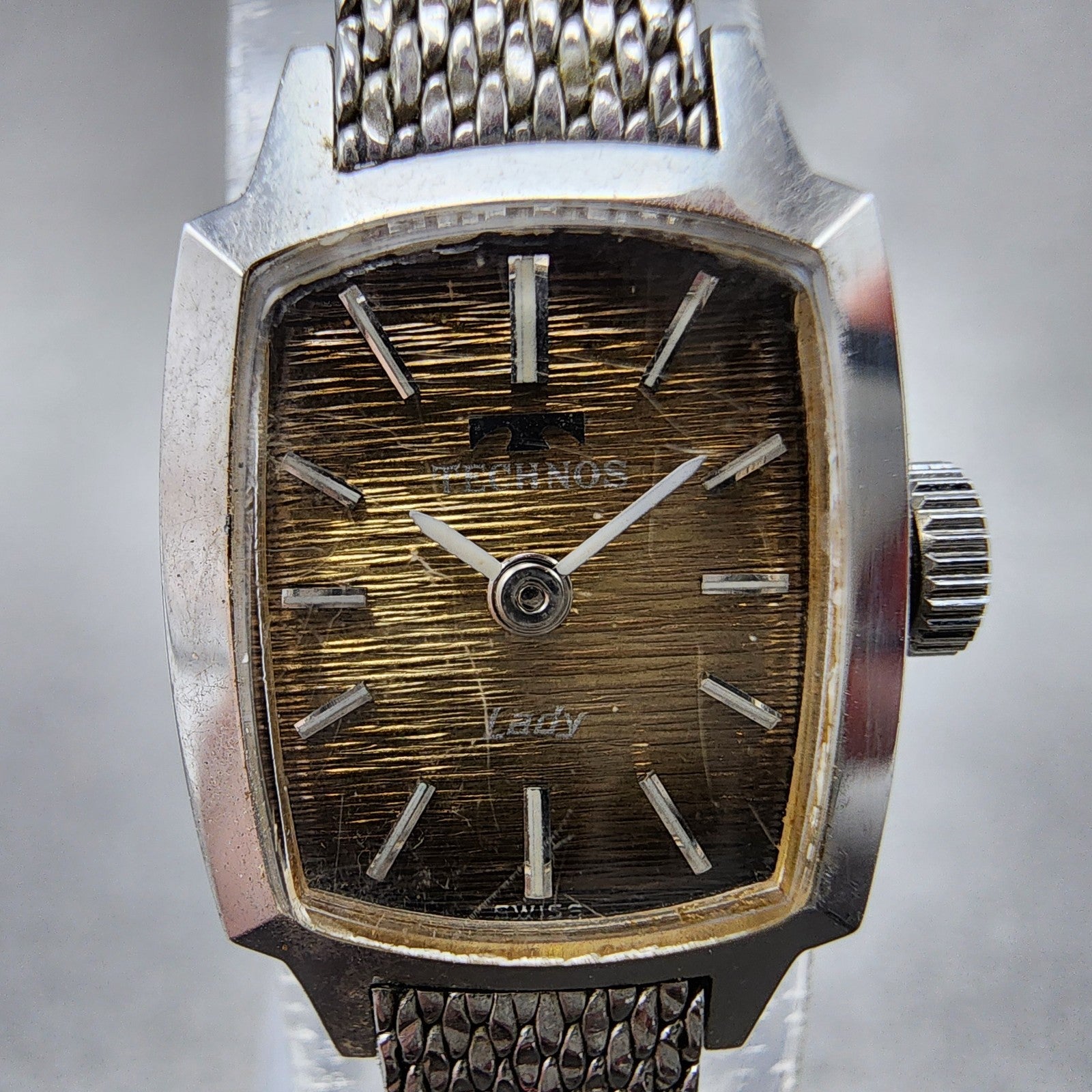 Technos Tank Watch Women 16mm Gold Dial Silver Tone Rectangle Manual Wind Runs1