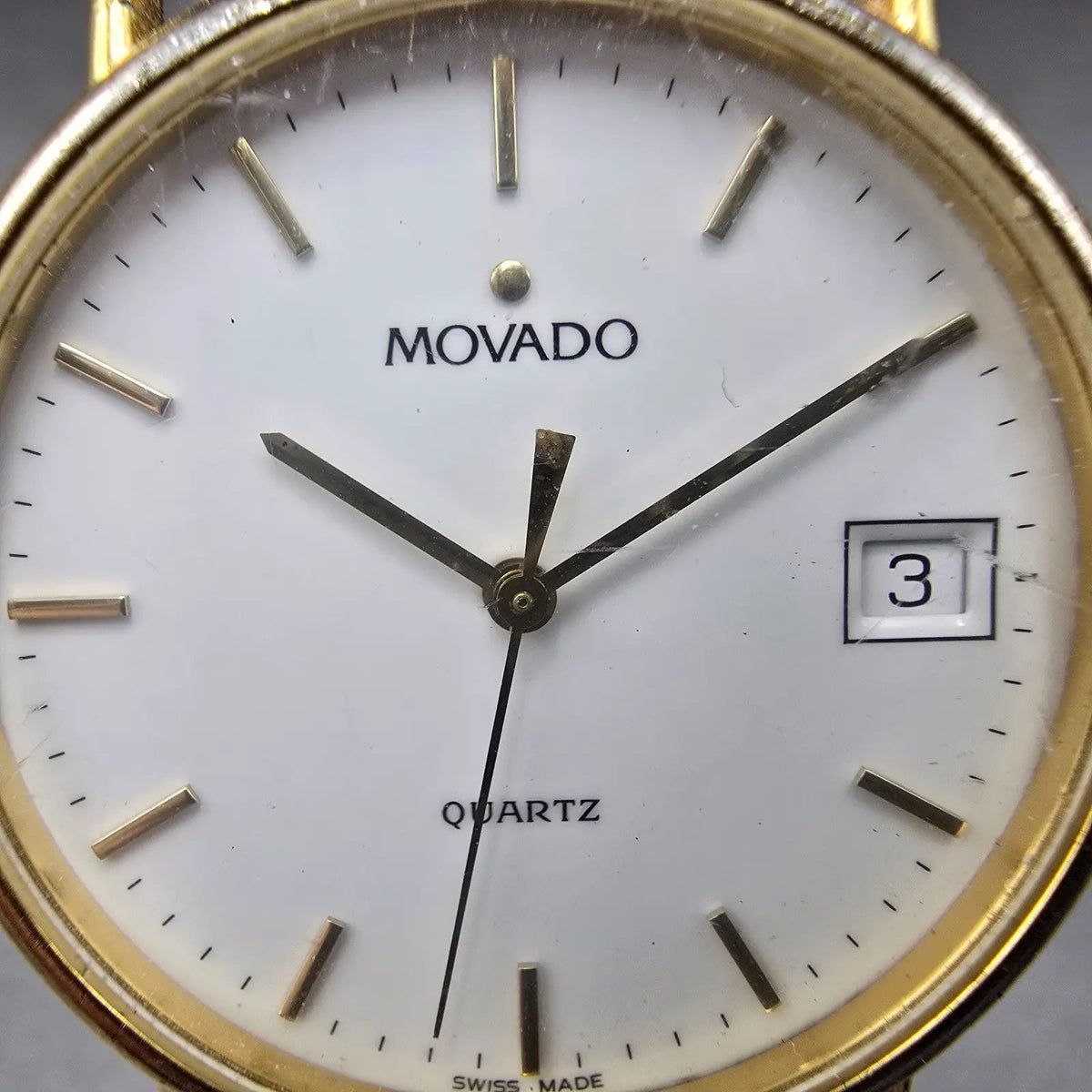Movado Watch Men 34mm White Dial Gold Tone Date Round 87-A4-885 New Battery VTG1