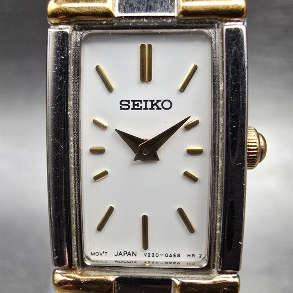 Seiko Watch Women 13mm White Dial Two Tone Rectangle V220-0AB0 New Battery1