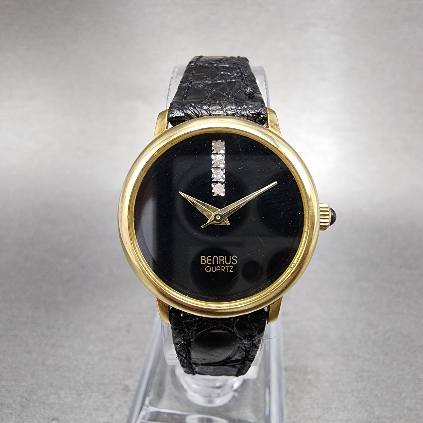 Benrus Watch Women 24mm Black Dial Gold Tone Round Diamond Accents New Battery0