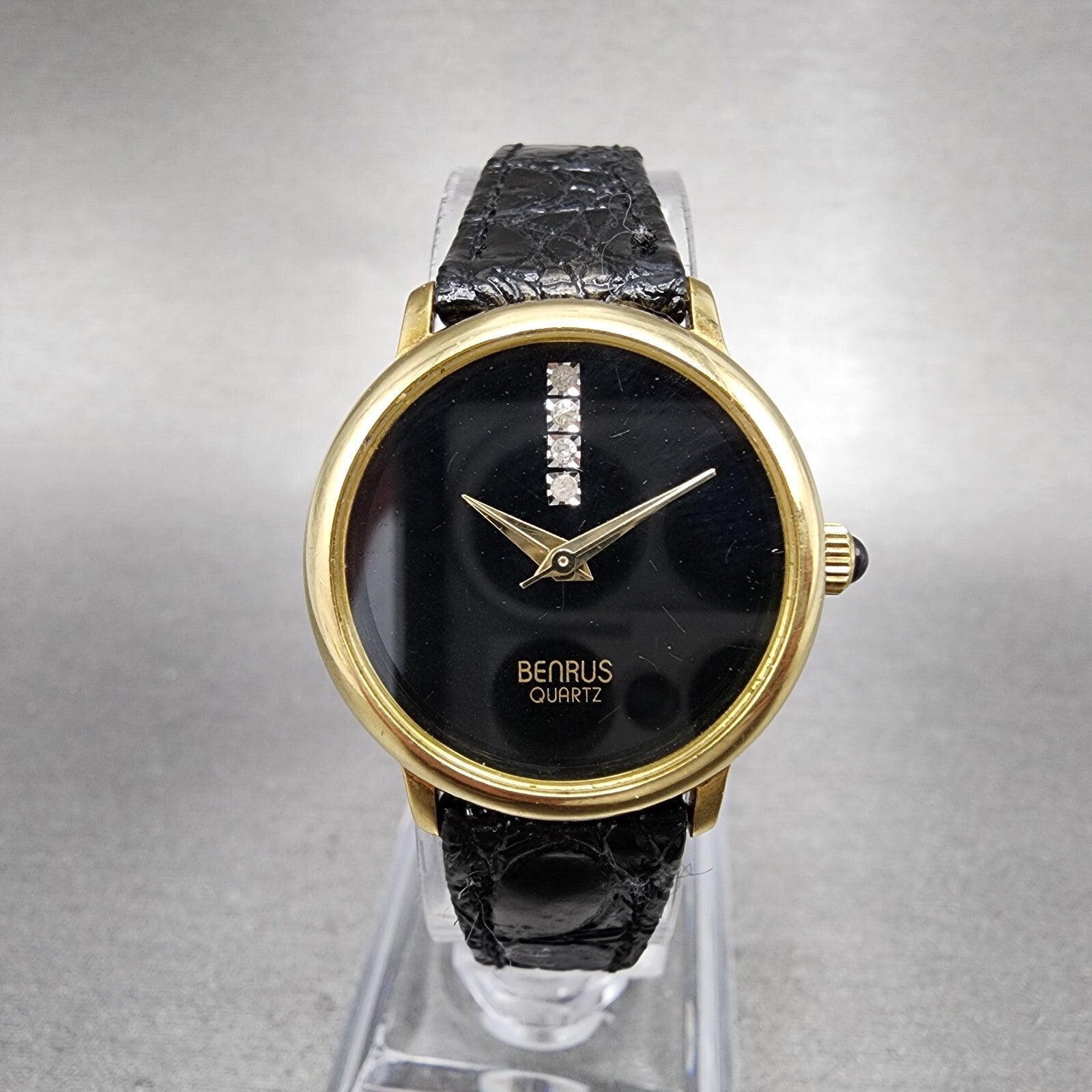 Benrus Watch Women 24mm Black Dial Gold Tone Round Diamond Accents New Battery0