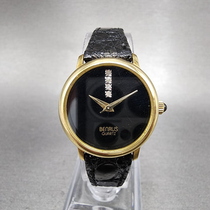 Benrus Watch Women 24mm Black Dial Gold Tone Round Diamond Accents New Battery0