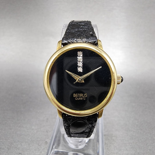 Benrus Watch Women 24mm Black Dial Gold Tone Round Diamond Accents New Battery0
