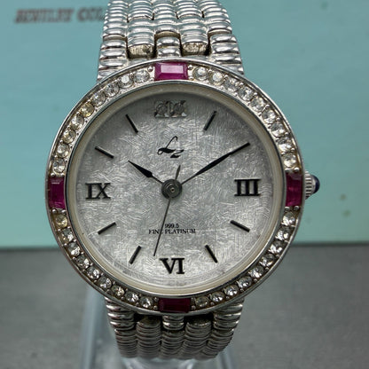 LZ Watch Women 25mm White Dial Silver Tone Ruby Bezel Round New Battery1