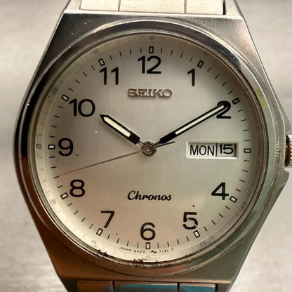 Seiko Chronos Watch Men 35mm Silver Dial Silver Daydate Round 5H23-7060 New Batt1