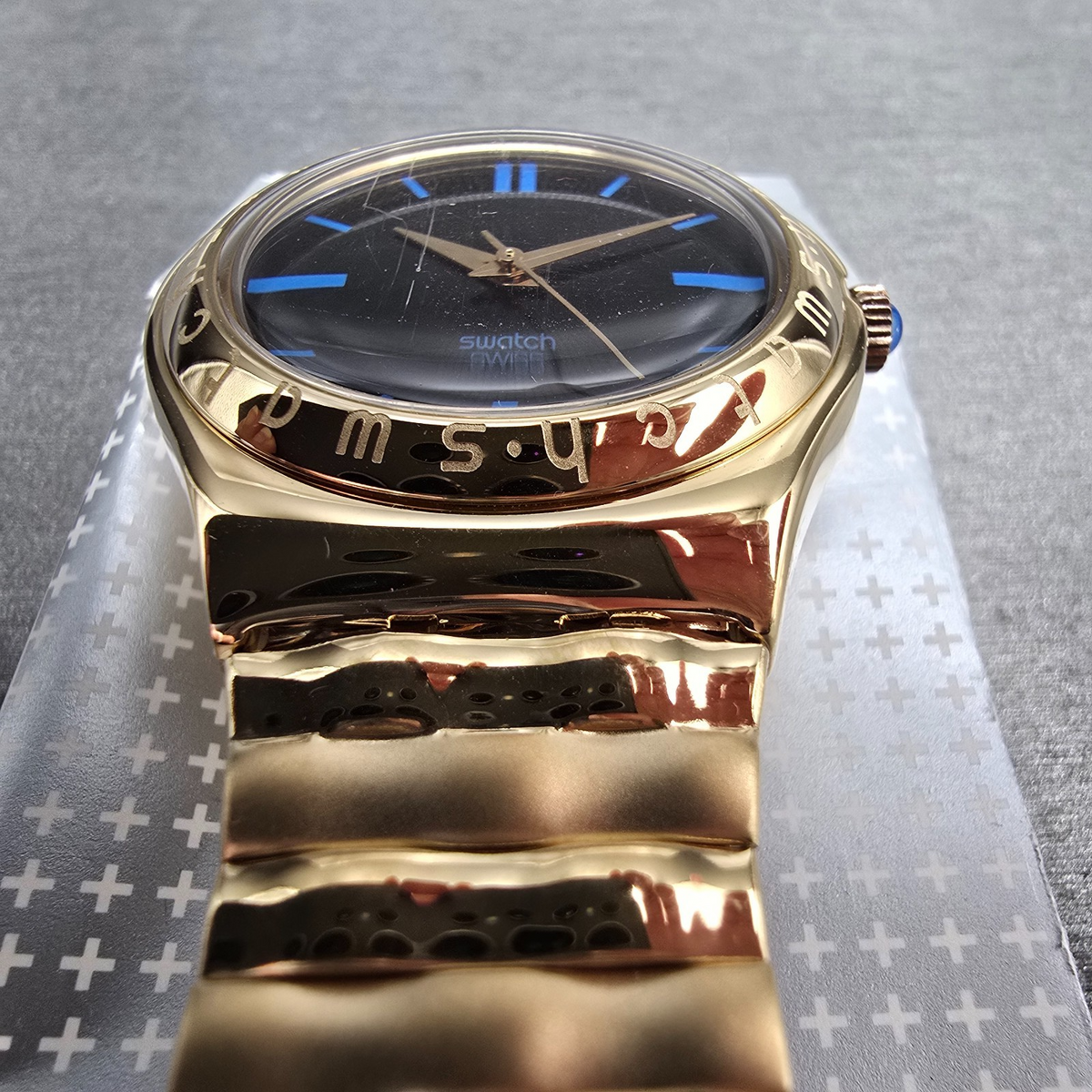 Swatch Irony Medium Evensong Watch Men 33mm Blue Dial Gold YLG110 New Batt NOS7