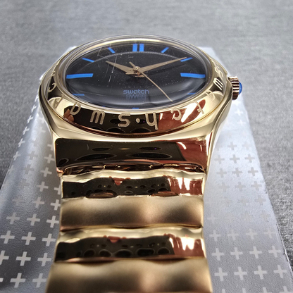 Swatch Irony Medium Evensong Watch Men 33mm Blue Dial Gold YLG110 New Batt NOS7