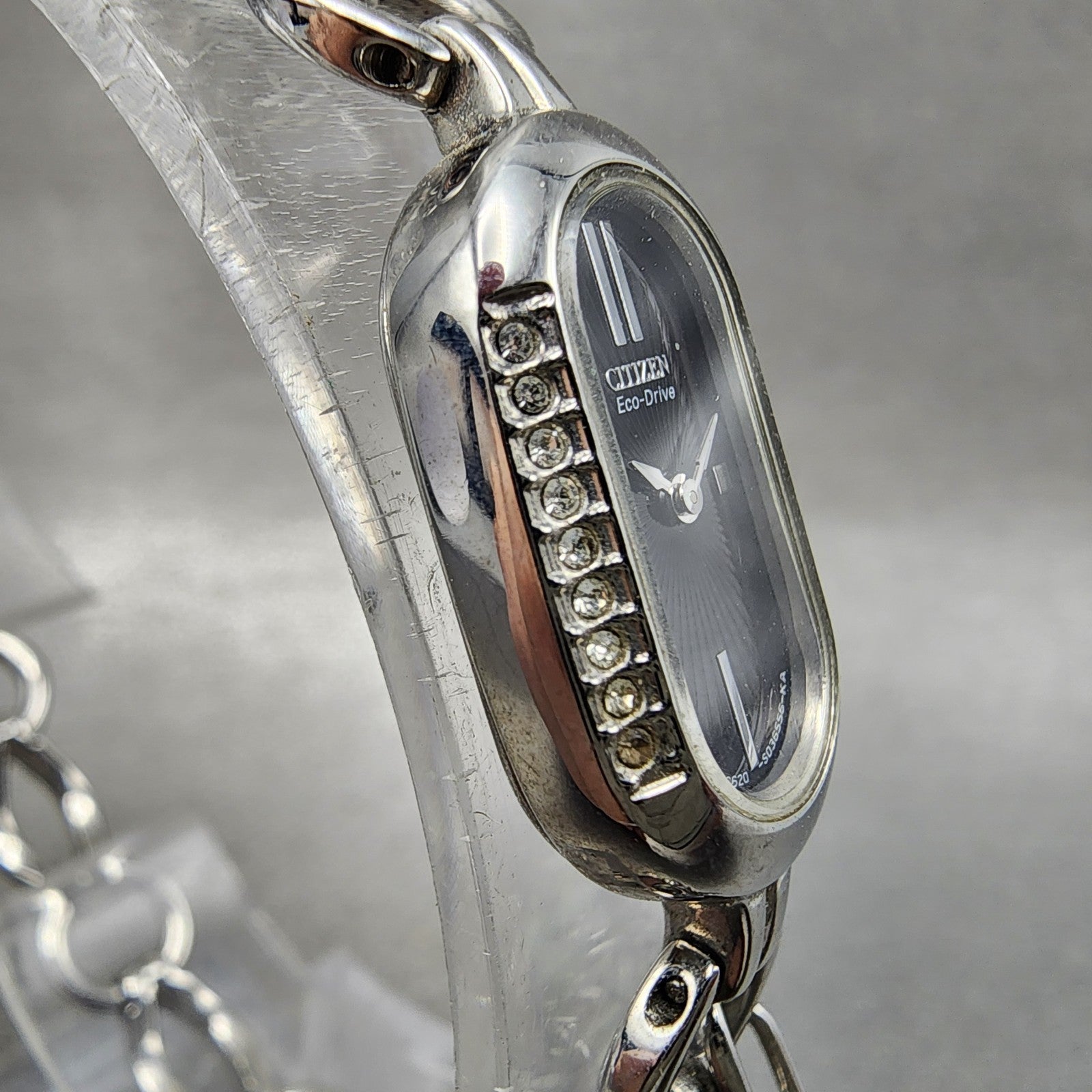 Citizen EcoDrive Watch Women 14mm Black Dial Silver Tone Oval Crystal Bezel3