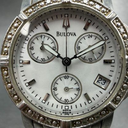Bulova Chronograph Watch Women 30mm White Dial Silver Tone Date 96R19 New BattVE1