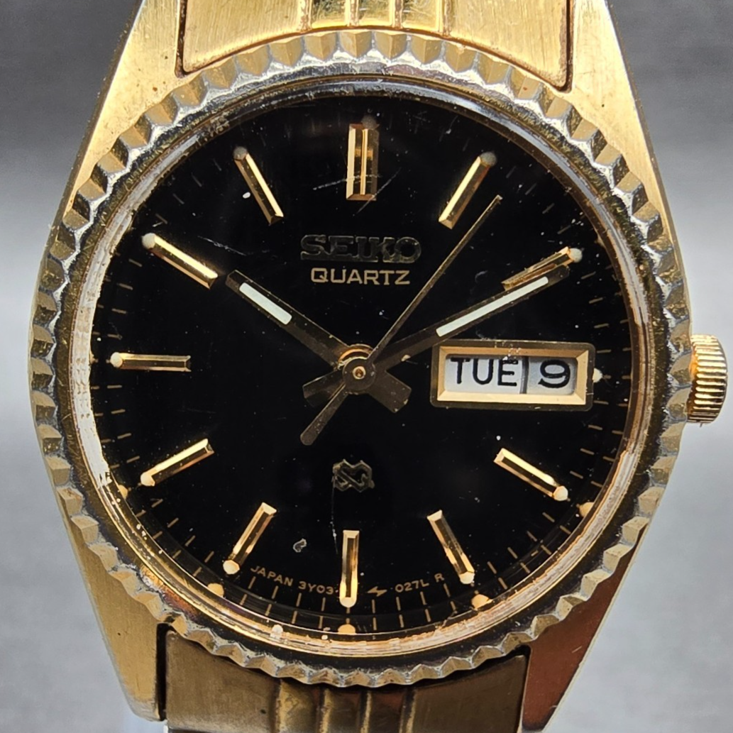 Seiko Watch Women 24mm Black Dial Gold Daydate Round 3Y03-0169 New Battery JP21