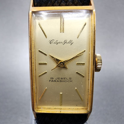 Citizen Jully Tank Watch Women 17mm Champange Dial Gold Tone Rectangle Runs1