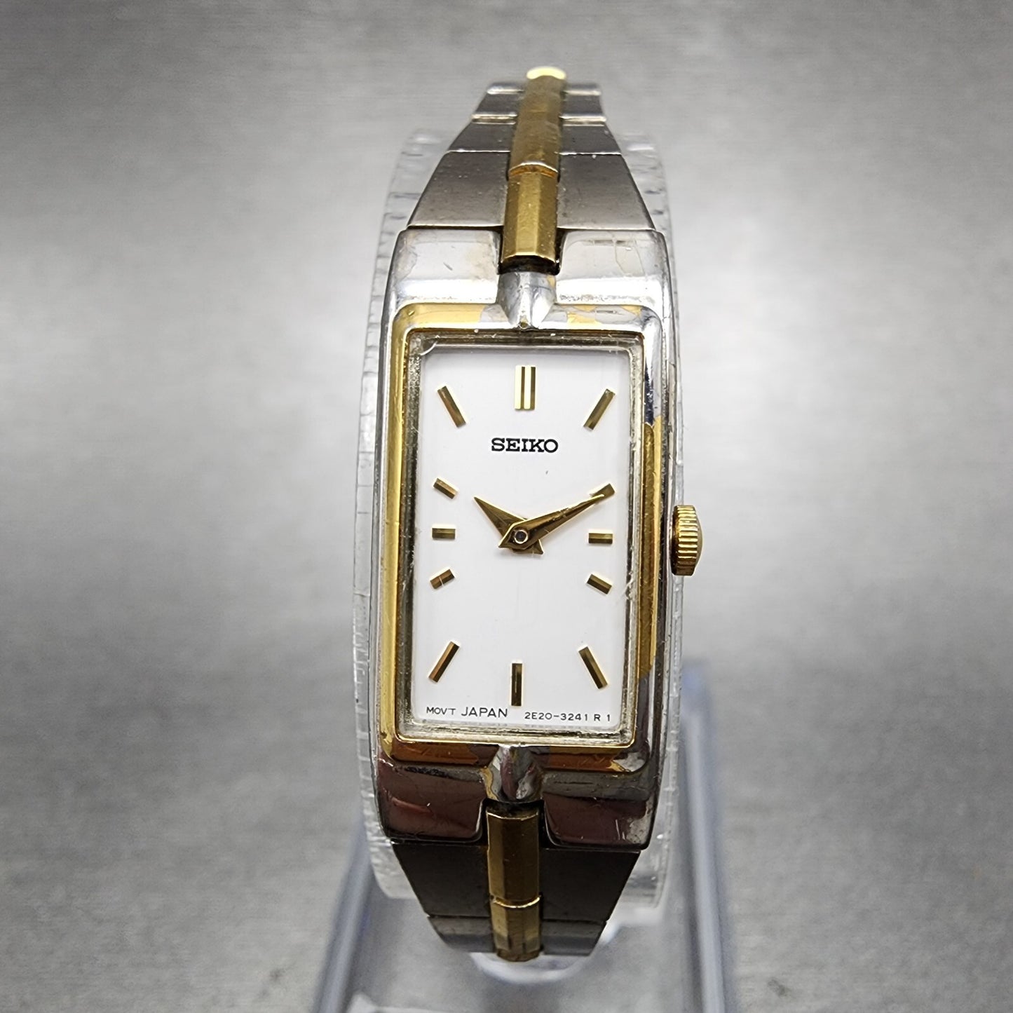 Seiko Watch Women 13mm White Dial Two Tone Rectangle 2E207479 New Battery C5670