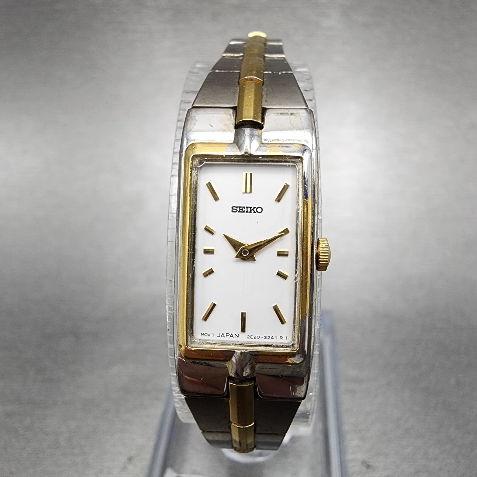 Seiko Watch Women 13mm White Dial Two Tone Rectangle 2E207479 New Battery C5670