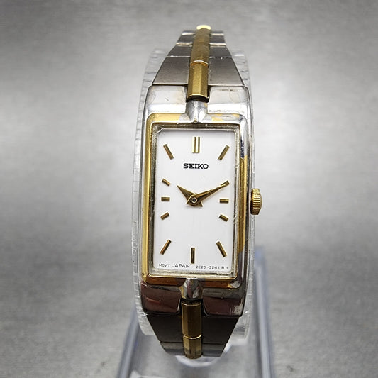 Seiko Watch Women 13mm White Dial Two Tone Rectangle 2E207479 New Battery C5670