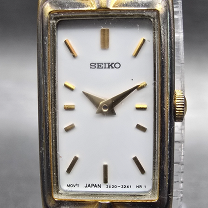 Seiko Watch Women 13mm White Dial Two Tone Rectangle 2E20-7479 New Battery JP21