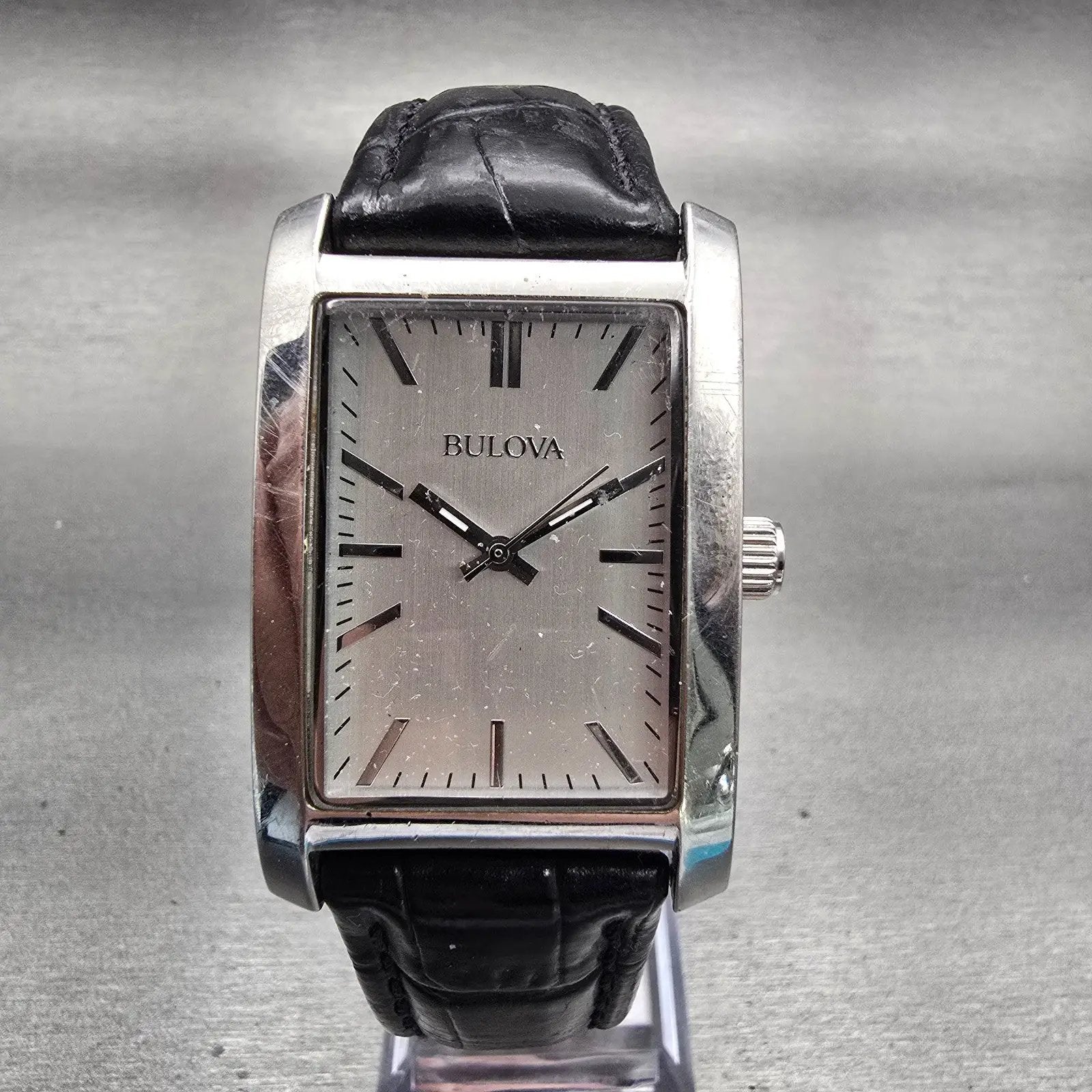 Bulova Watch Men 27mm Silver Dial Silver Tone Rectangle 96A156 New Battery0
