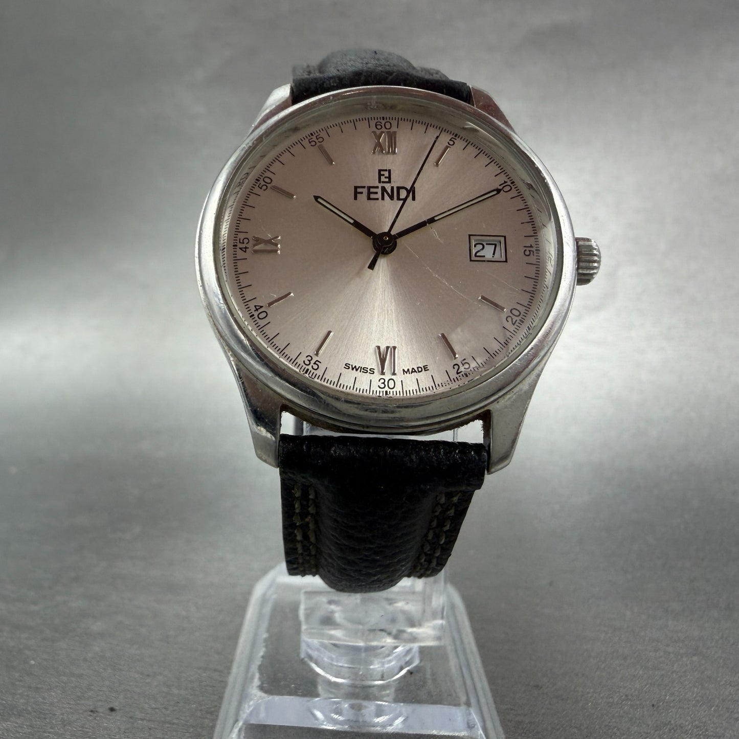 Fendi Orologi Watch Men 35mm Silver Dial Silver Tone Date Round 210G New Batt5