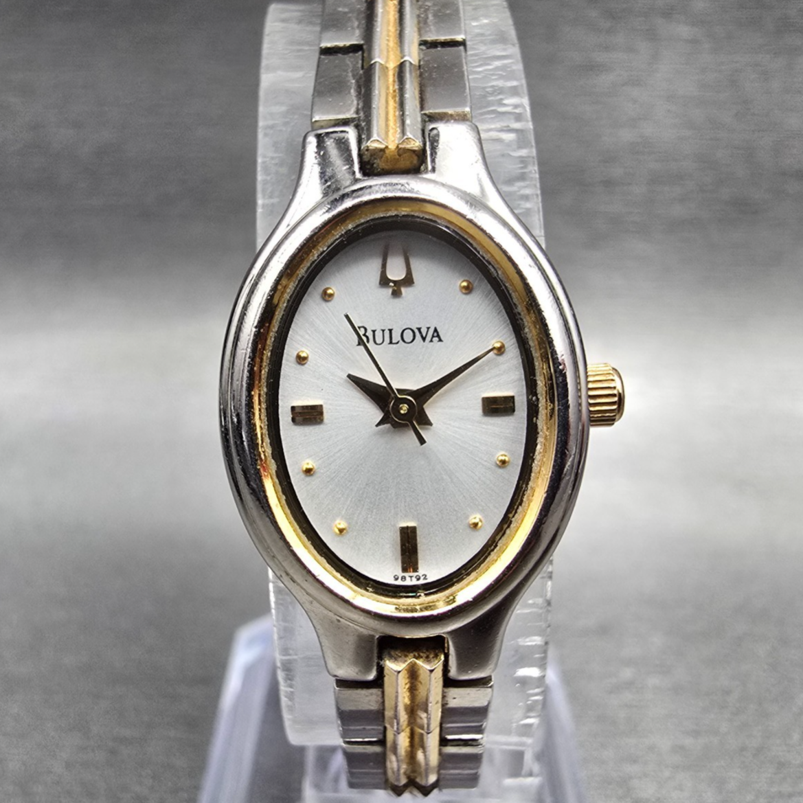 Bulova Watch Women 17mm White Dial Two Tone Oval 98T92 New Battery JP230