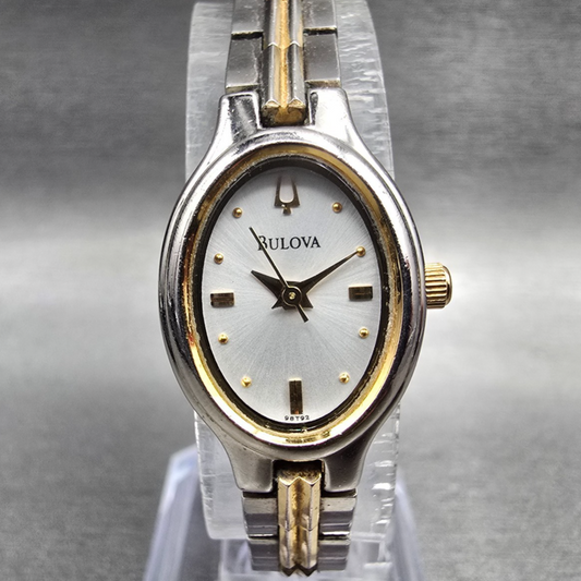 Bulova Watch Women 17mm White Dial Two Tone Oval 98T92 New Battery JP230