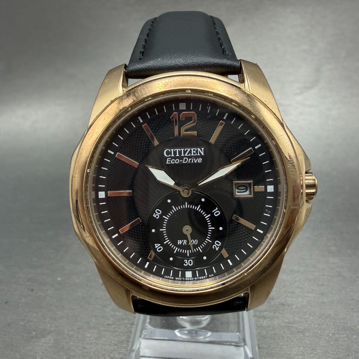 Citizen Eco-Drive Watch Men 42mm Black Dial Rose Gold Date Small Seconds Runs0