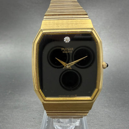 Seiko Pulsar Tank Watch Men 30mm Black Dial Gold Tone V500-5A00 New Battery VTG0