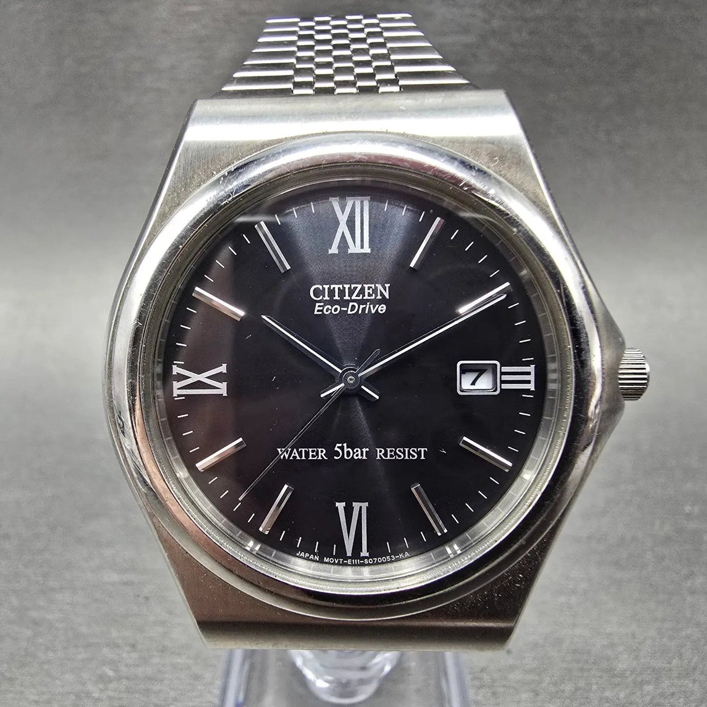 Citizen Eco-Drive Watch Men 38mm Black Dial Silver Tone Date E111-S029511 Runs0