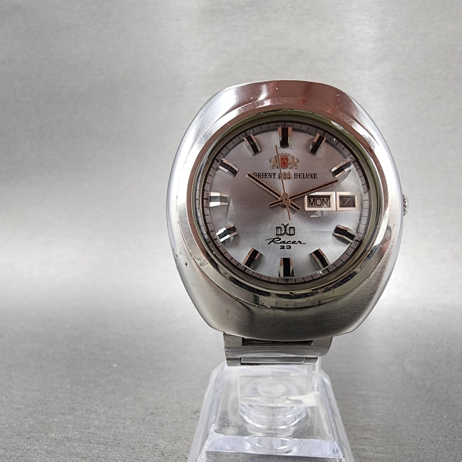 Orient AAA Deluxe Racer Watch Men 38mm Silver Dial Steel Daydate Automatic Runs5