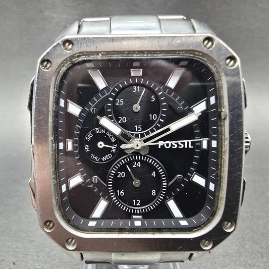 Fossil Watch Men 41mm Black Dial Silver Tone Daydate Rectangle BQ2655 New Batt0