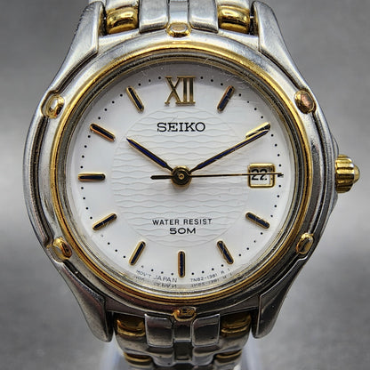 Seiko Watch Women 26mm White Dial Two Tone Date Round 7n820599 New Battery B4561