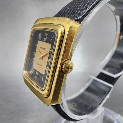 Movado Tank Watch Women 22mm Black & Gold Dial Gold Tone Rectangle New Battery2