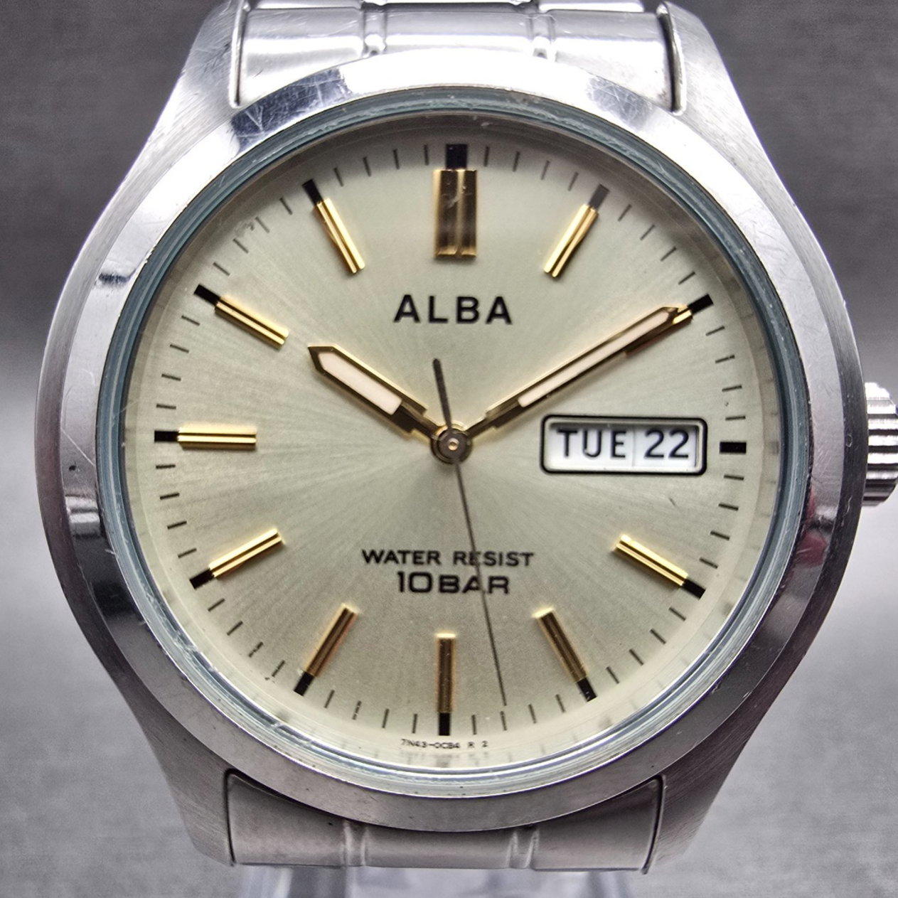 Seiko Alba Watch Men 38mm Champagne Dial Silver Tone Daydate 7N43-0BA0 New BattJ1