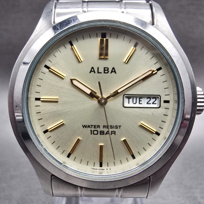 Seiko Alba Watch Men 38mm Champagne Dial Silver Tone Daydate 7N43-0BA0 New BattJ1